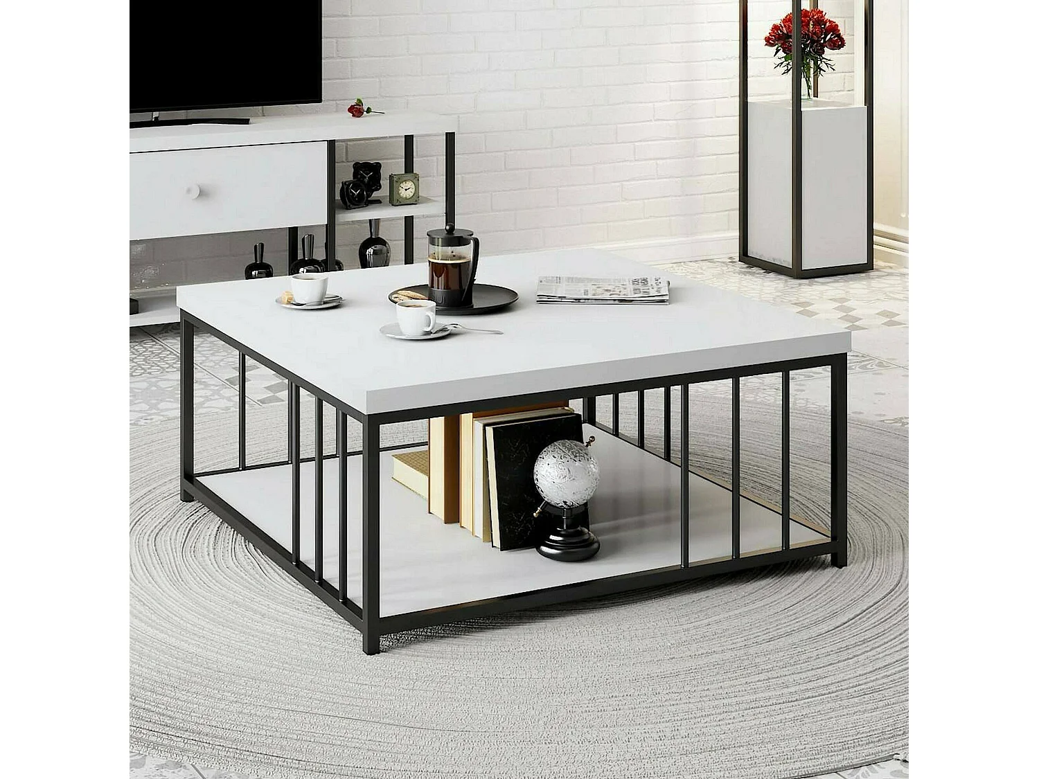 Table basse Ankaa, Table basse, Porte-revues pour canapé, Etagère de salon, 90x90h40 cm, Blanc et Noir