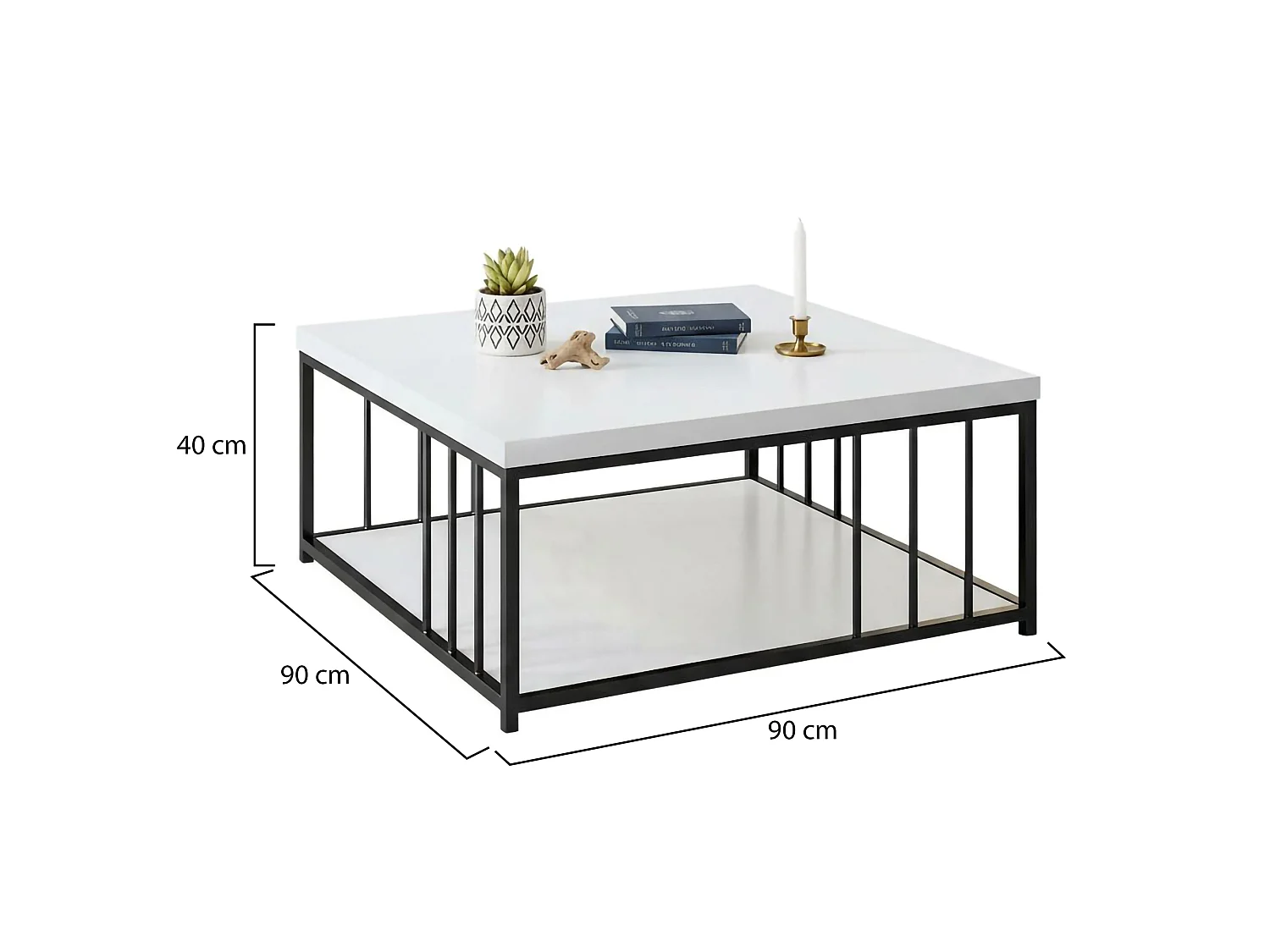 Table basse Ankaa, Table basse, Porte-revues pour canapé, Etagère de salon, 90x90h40 cm, Blanc et Noir