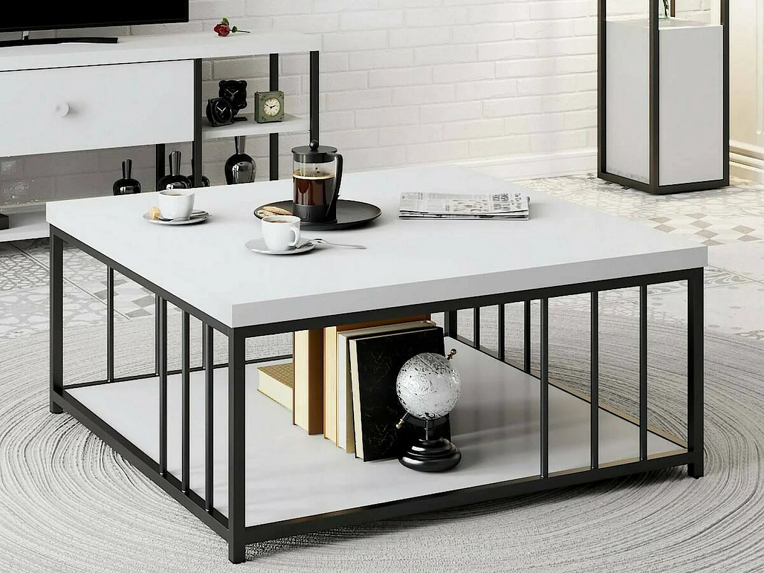 Table basse Ankaa, Table basse, Porte-revues pour canapé, Etagère de salon, 90x90h40 cm, Blanc et Noir