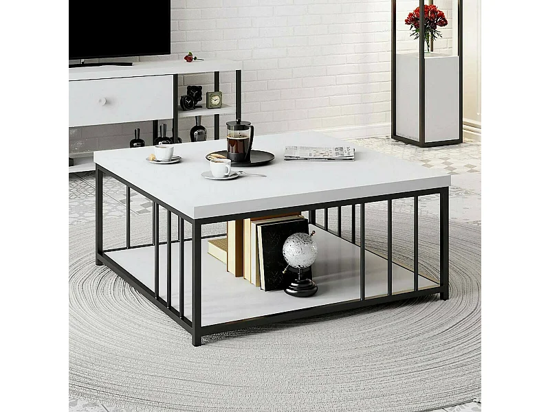 Table basse Ankaa, Table basse, Porte-revues pour canapé, Etagère de salon, 90x90h40 cm, Blanc et Noir