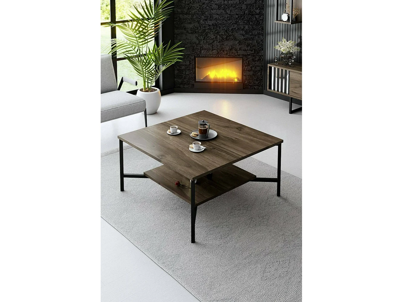 Table basse Alshain, Table basse, Porte-revues pour canapé, Etagère de salon, 80x80h40 cm, Noyer et Noir