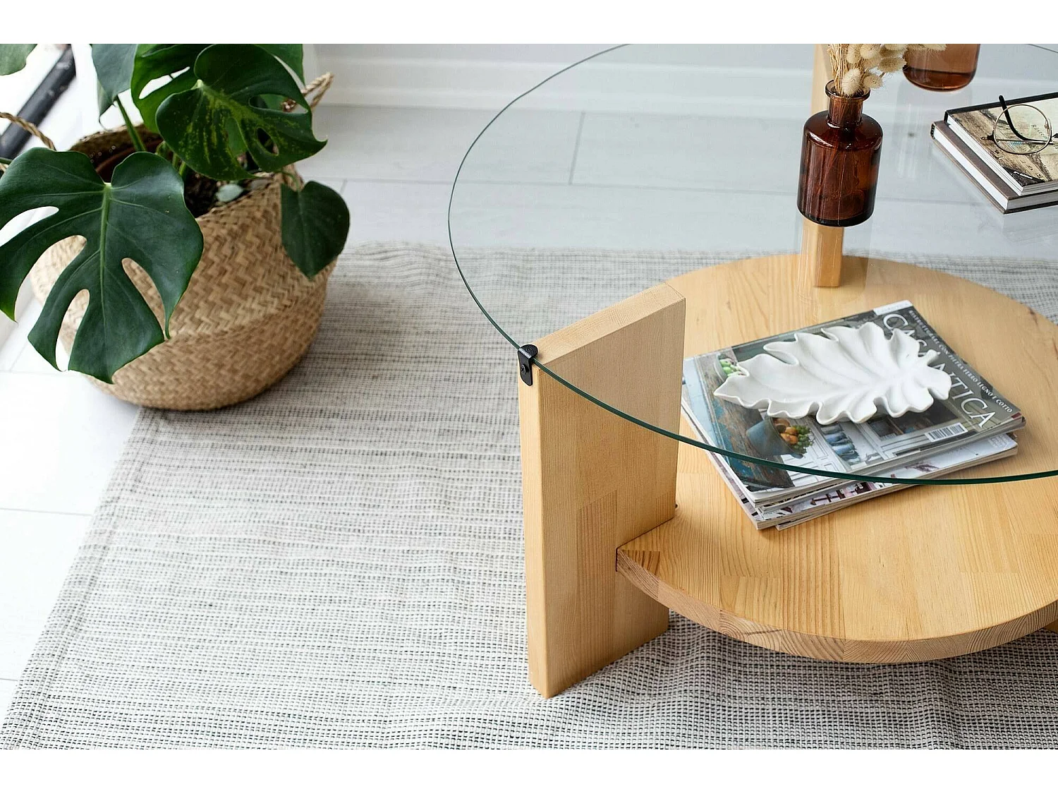 Table basse Alnitak, Table basse, Porte-revues pour canapé, Etagère de salon, 75x75h40 cm, Chêne