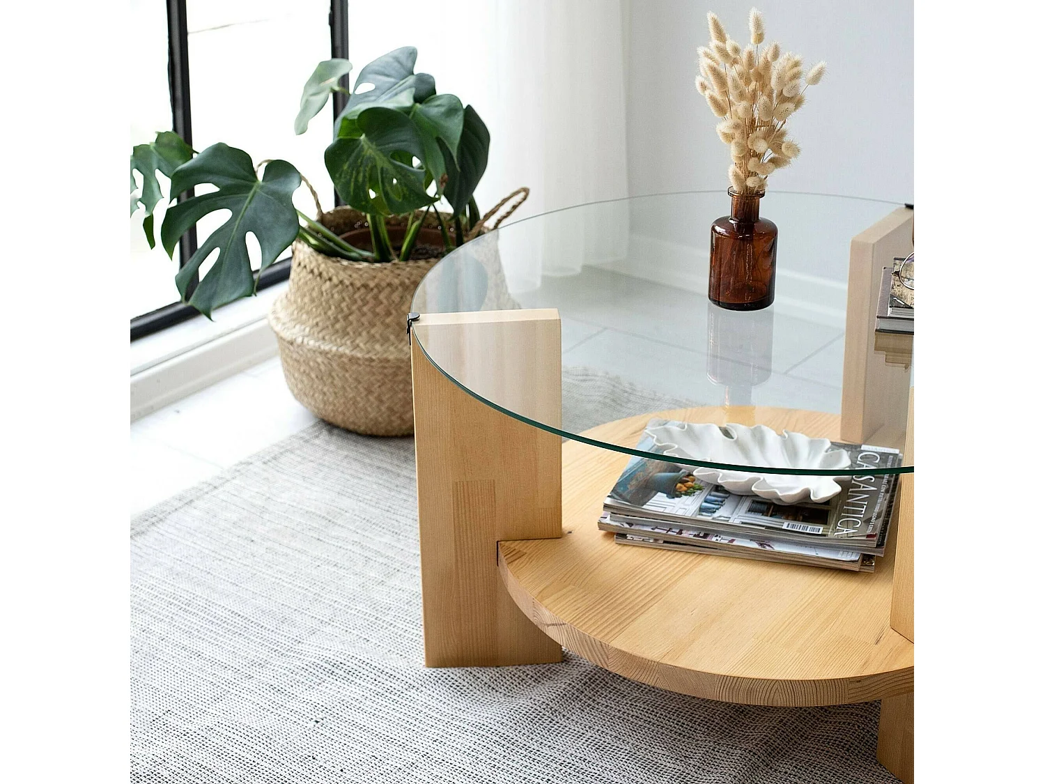 Table basse Alnitak, Table basse, Porte-revues pour canapé, Etagère de salon, 75x75h40 cm, Chêne