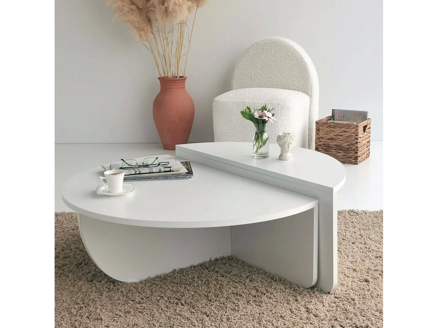 Table basse Canopus, Table basse, Porte-revues pour canapé, Etagère de salon, 90x90h35 cm, Blanc
