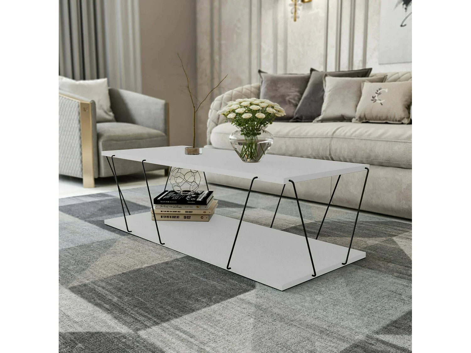 Mesa de café Dmarches, Mesa de centro baja, Revistero para sofá, Estante de la sala de estar, 120x50h30 cm, Blanco y Negro