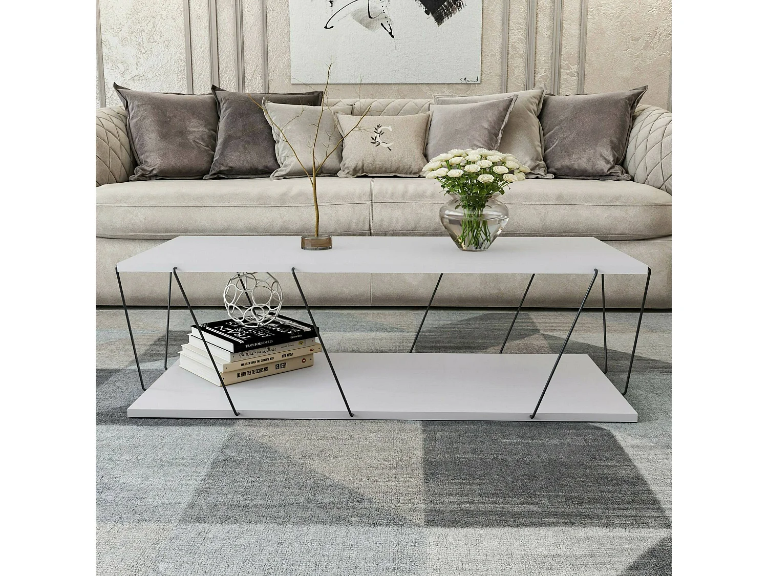 Wohnzimmertisch Dmarches, Niedriger Wohnzimmertisch, Kaffeeregal, Couchtisch für Sofa, 120x50h30 cm, WeiÃŸ und Schwarz