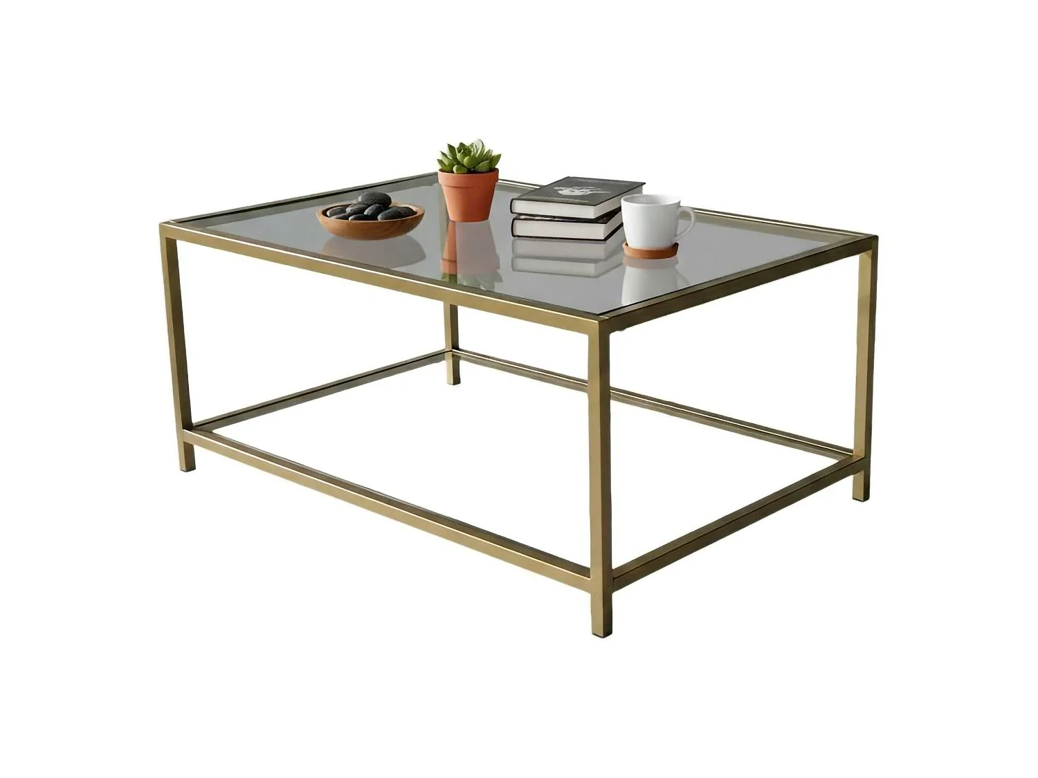 Mesa de centro Mina, un compartimento, 90x60x40h cm dorado, forma rectangular, tablero transparente