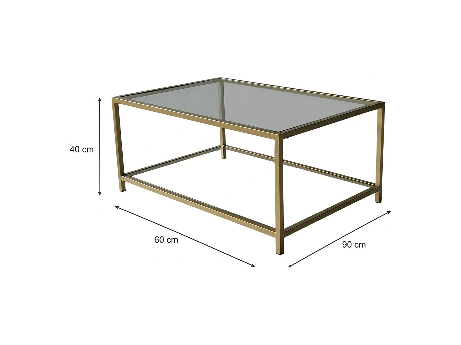 Mesa de centro Mina, un compartimento, 90x60x40h cm dorado, forma rectangular, tablero transparente