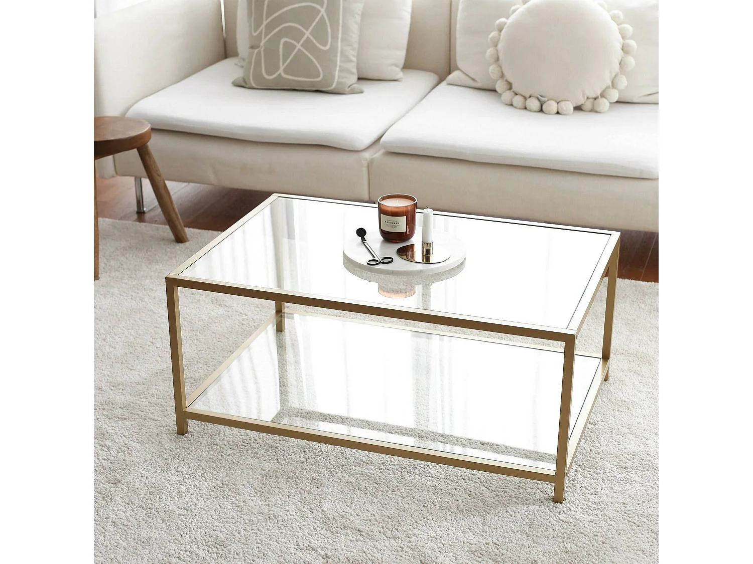 Mesa de centro Mina, un compartimento, 90x60x40h cm dorado, forma rectangular, tablero transparente