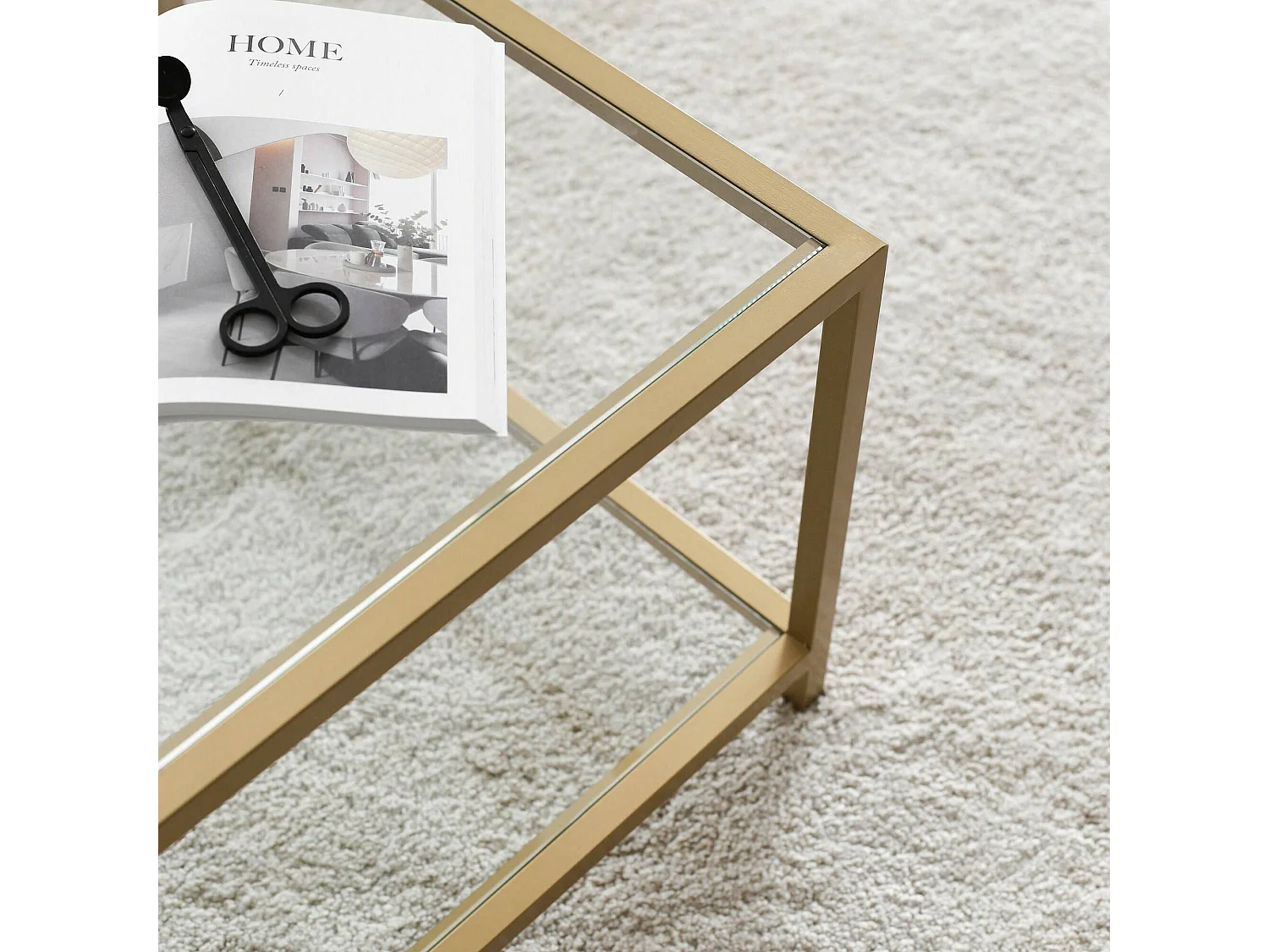 Mesa de centro Mina, un compartimento, 90x60x40h cm dorado, forma rectangular, tablero transparente