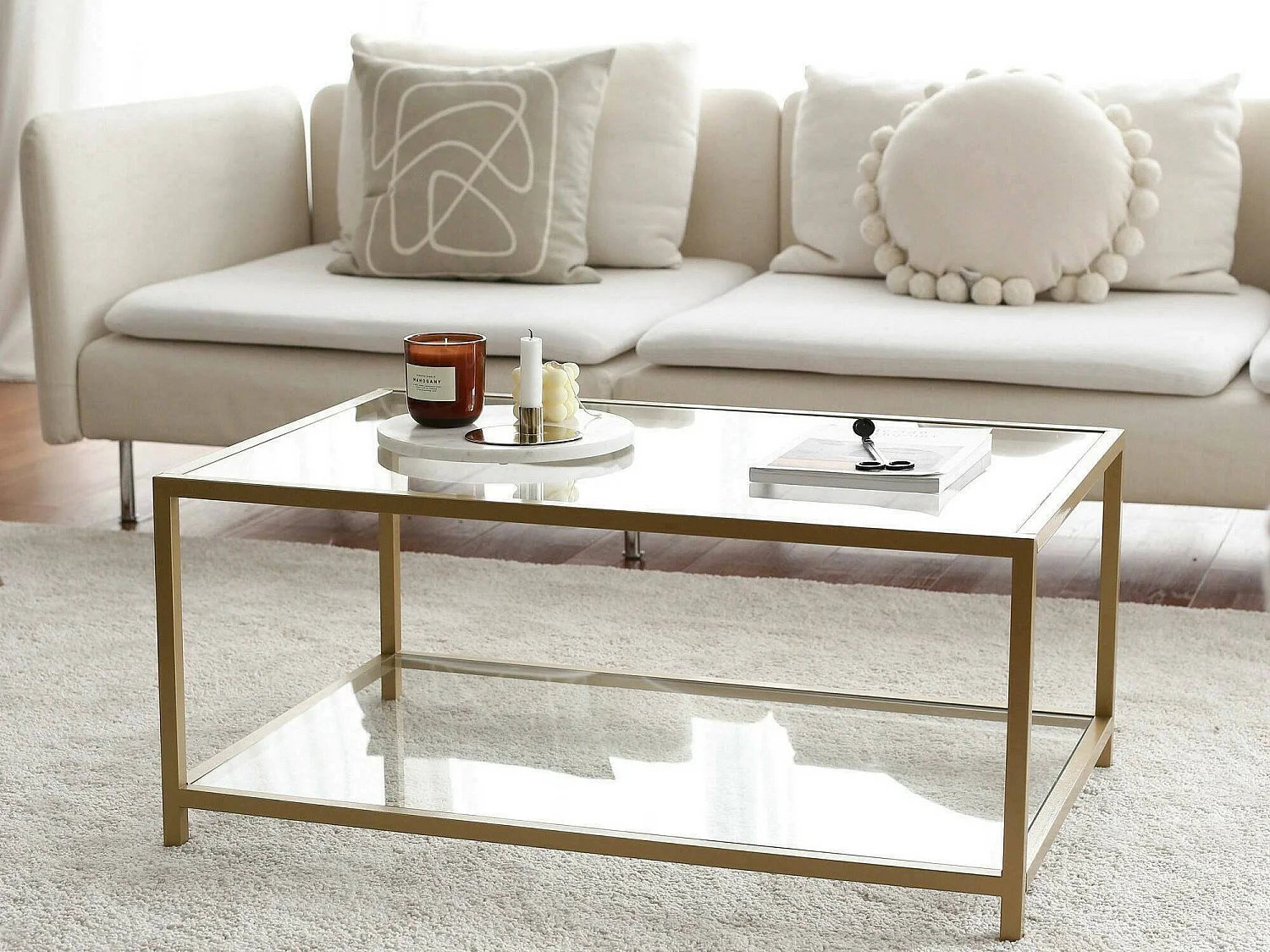 Mesa de centro Mina, un compartimento, 90x60x40h cm dorado, forma rectangular, tablero transparente