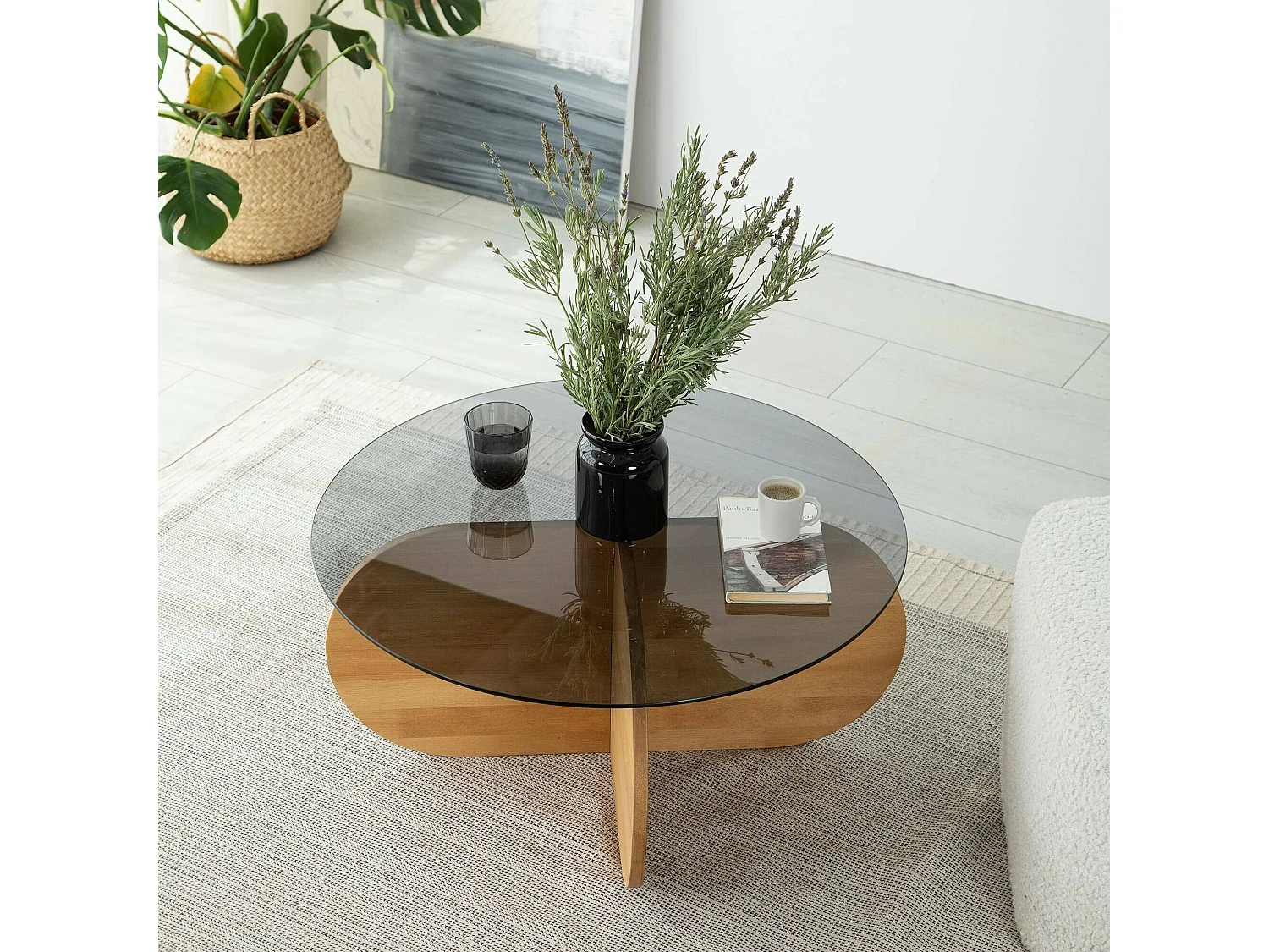 Table basse Metis, Table basse, Porte-revues pour canapé, Etagère de salon, 75x75h35 cm, Chêne