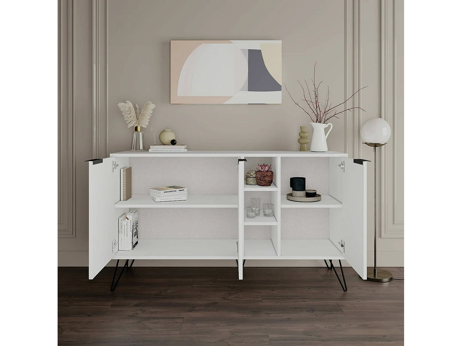 Buffet Perseus, Buffet du salon, Commode de salon, Garde-manger de cuisine, 142x36h83 cm, Blanc