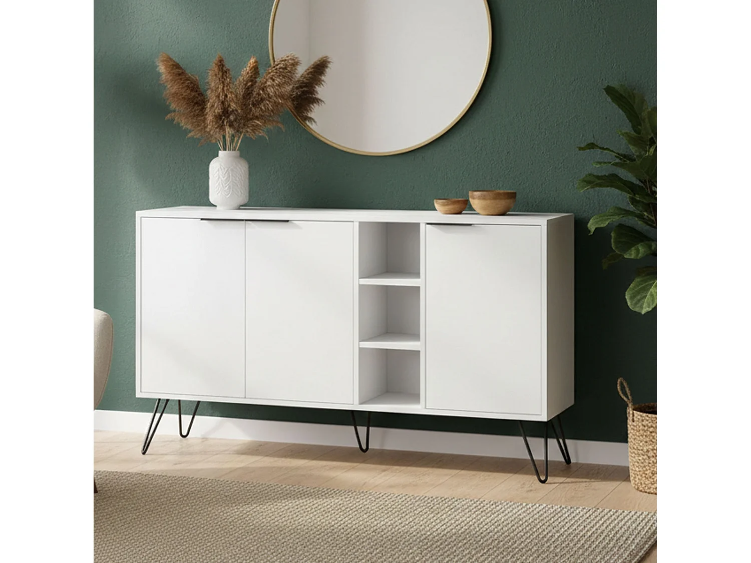 Buffet Perseus, Buffet du salon, Commode de salon, Garde-manger de cuisine, 142x36h83 cm, Blanc