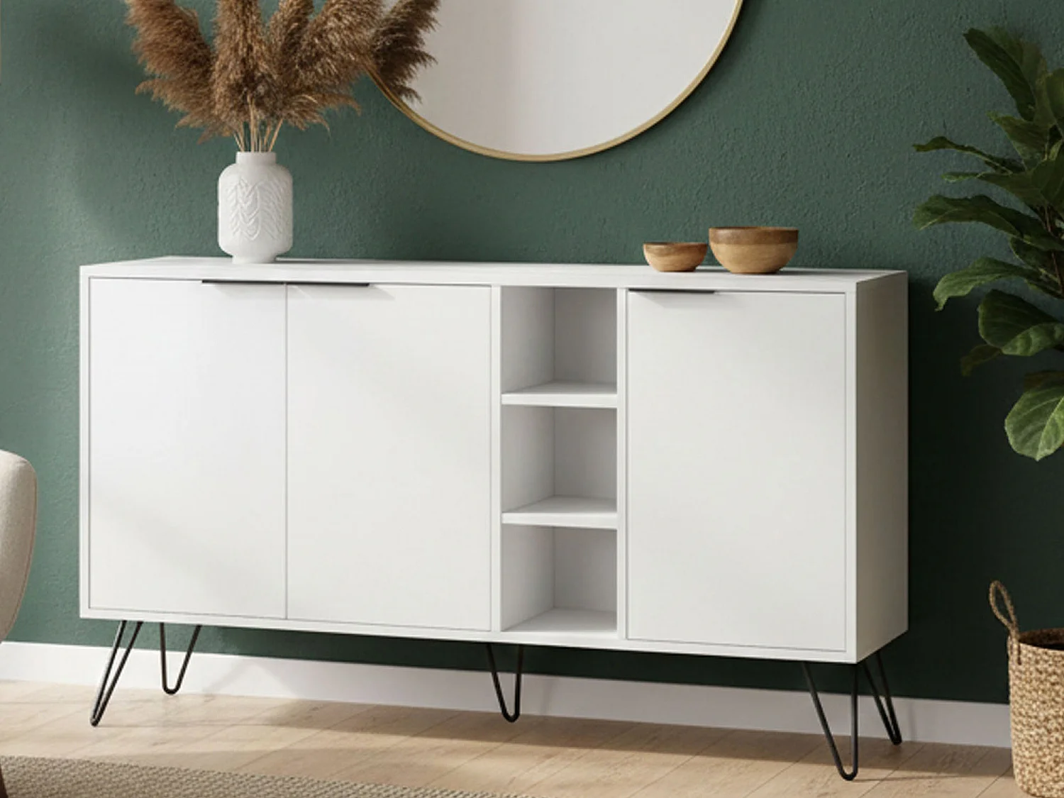 Buffet Perseus, Buffet du salon, Commode de salon, Garde-manger de cuisine, 142x36h83 cm, Blanc