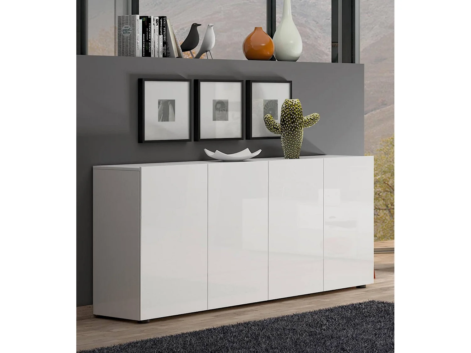 Buffet Addis, Buffet du salon, Commode de salon, Garde-manger de cuisine, Made in Italy, 180x38h79 cm, Blanc brillant