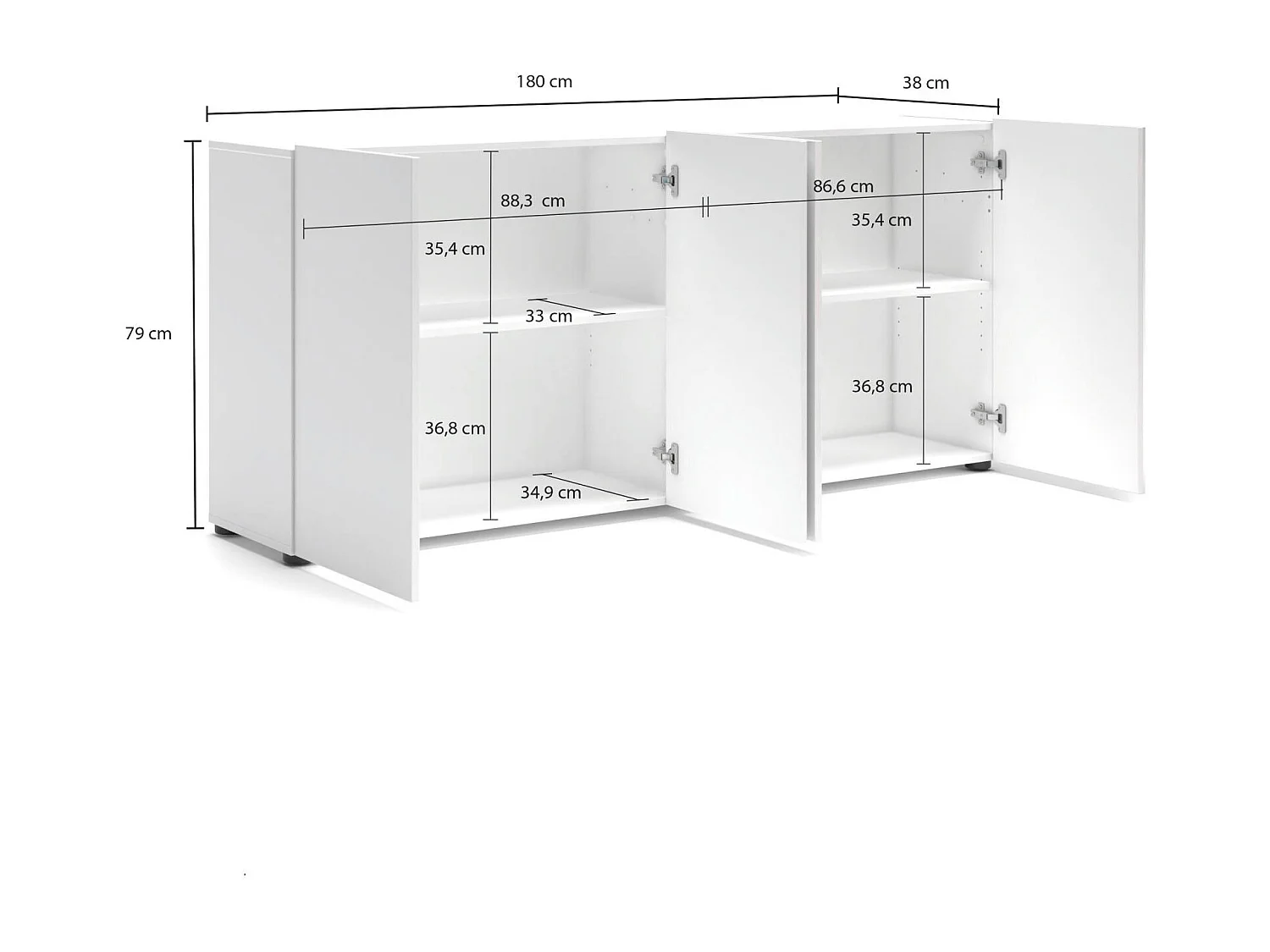 Buffet Addis, Buffet du salon, Commode de salon, Garde-manger de cuisine, Made in Italy, 180x38h79 cm, Blanc brillant