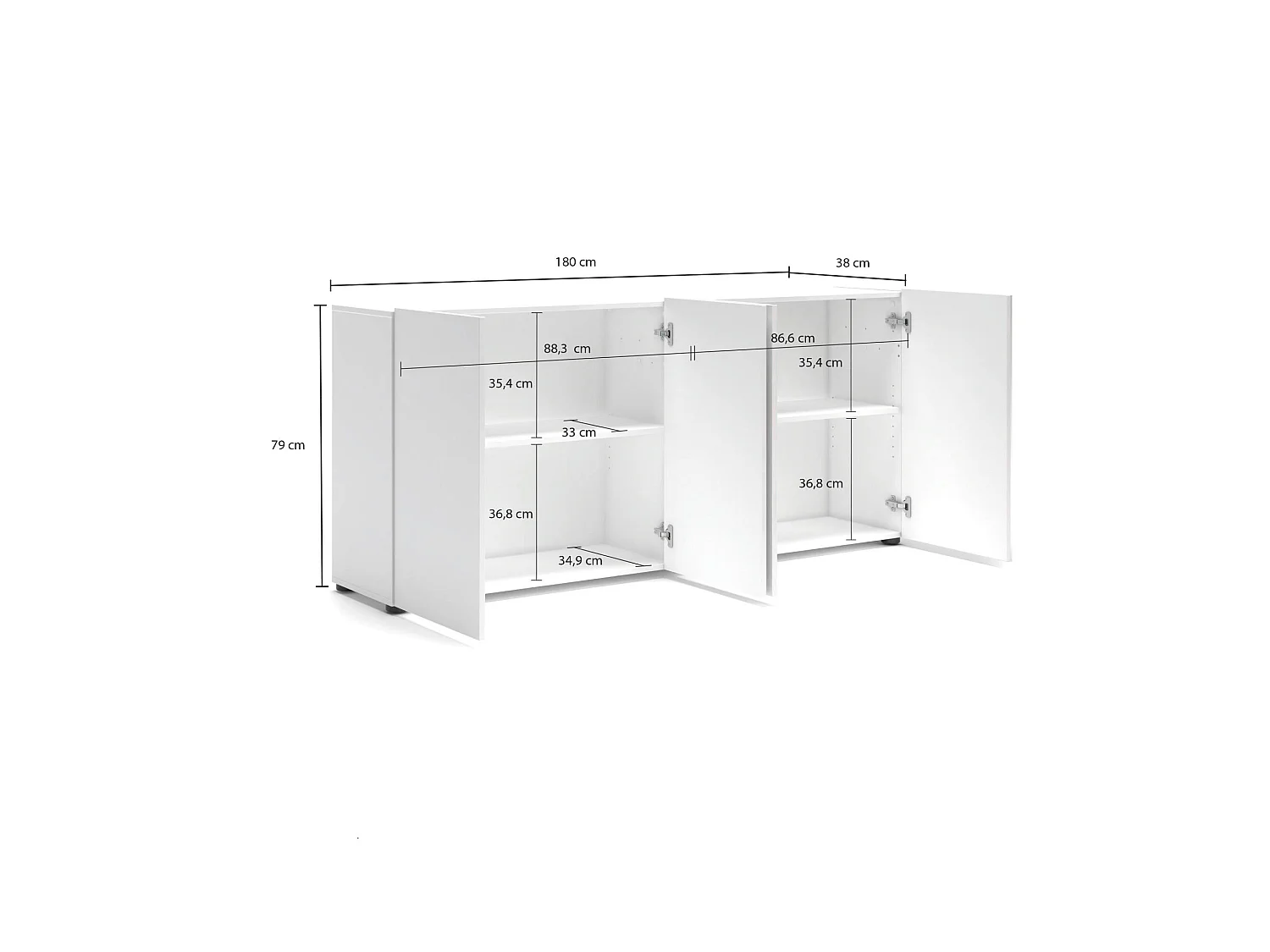 Buffet Addis, Buffet du salon, Commode de salon, Garde-manger de cuisine, Made in Italy, 180x38h79 cm, Blanc brillant