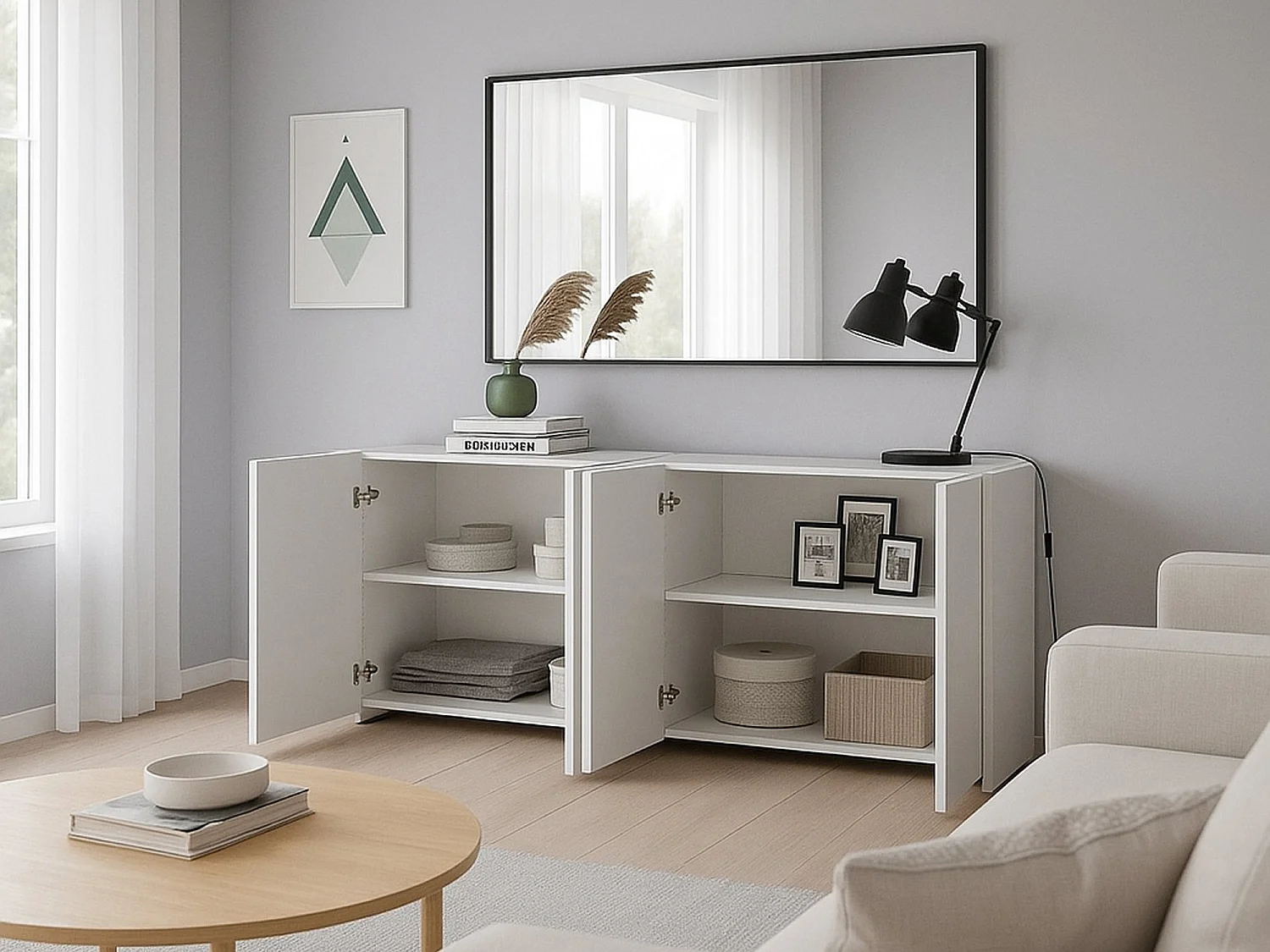 Buffet Addis, Buffet du salon, Commode de salon, Garde-manger de cuisine, Made in Italy, 180x38h79 cm, Blanc brillant