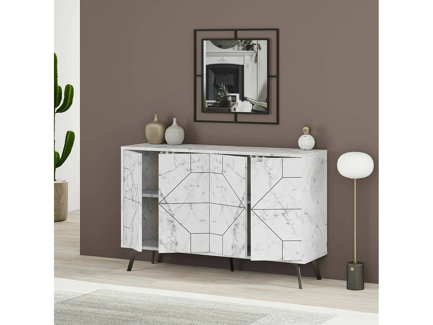 Kommode Dokwonkw, Wohnzimmerbuffet, Wohnzimmer-Sideboard, Moderne Küchen-Speisekammer, 123x35h62 cm, Weißer Marmor