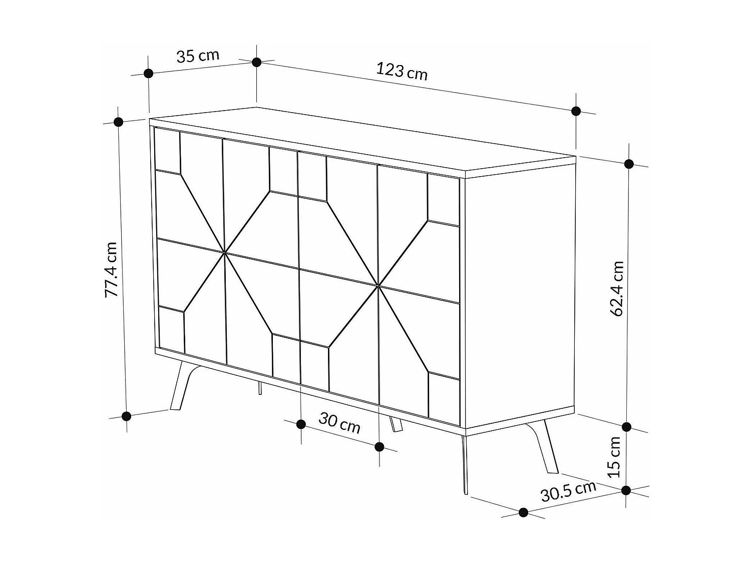 Buffet Meridian, Buffet du salon, Commode de salon, Garde-manger de cuisine, 123x35h62 cm, Marbre Blanc