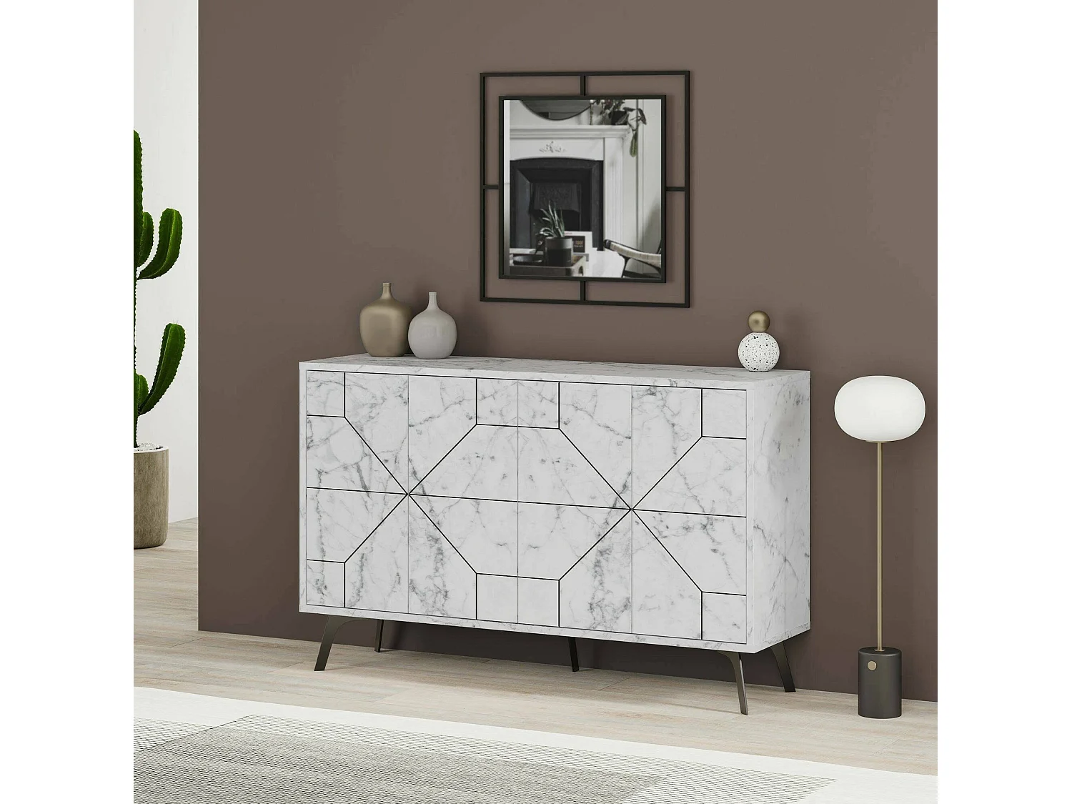 Aparador Dokwonkw, Buffet de sala, Madia de sala, Despensa de cozinha, 123x35h62 cm, Mármore branco