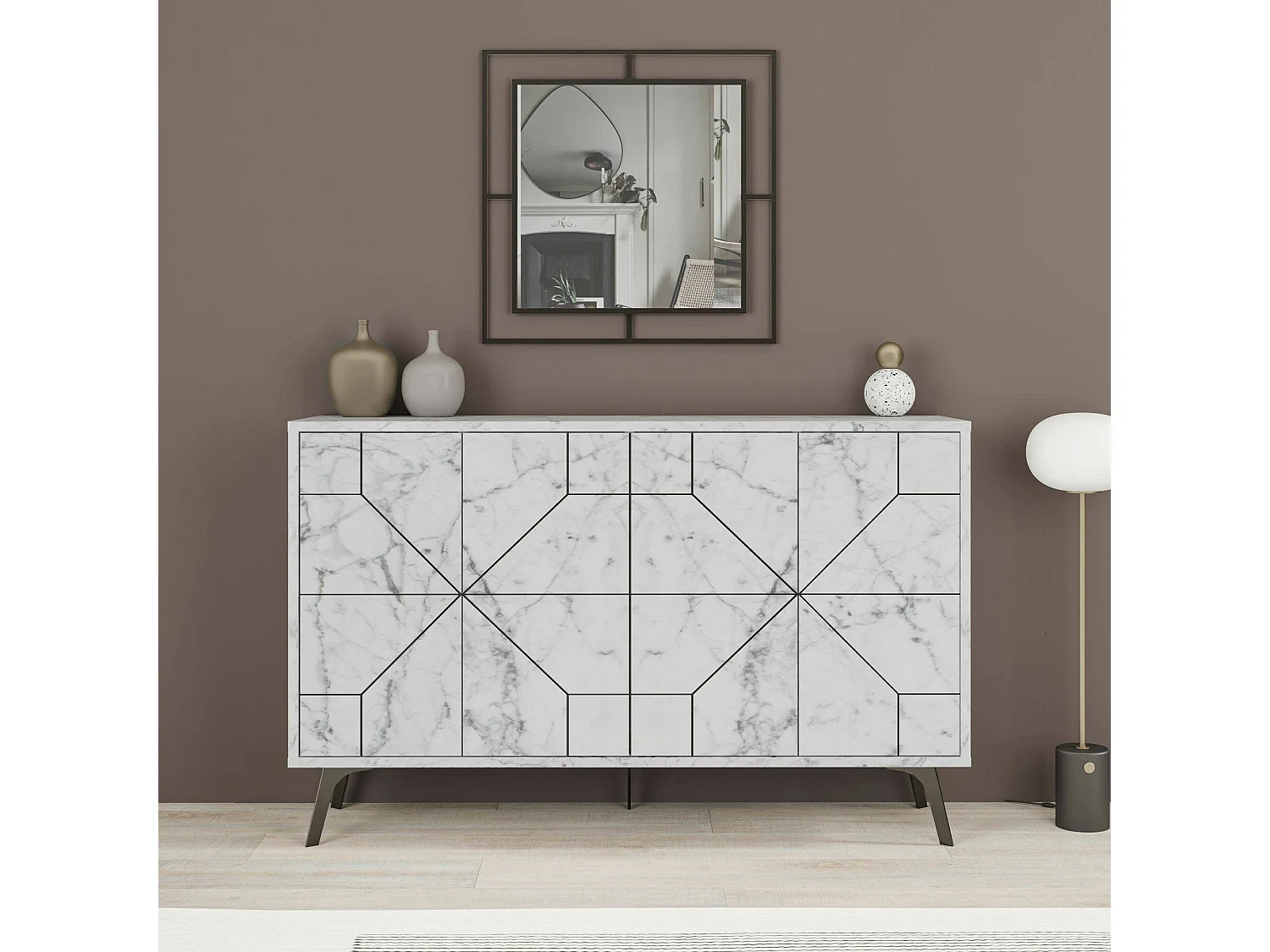 Dokwonkw dressoir, woonkamerbuffet, woonkamerkast, keukenkast, 123x35h62 cm, Wit marmer