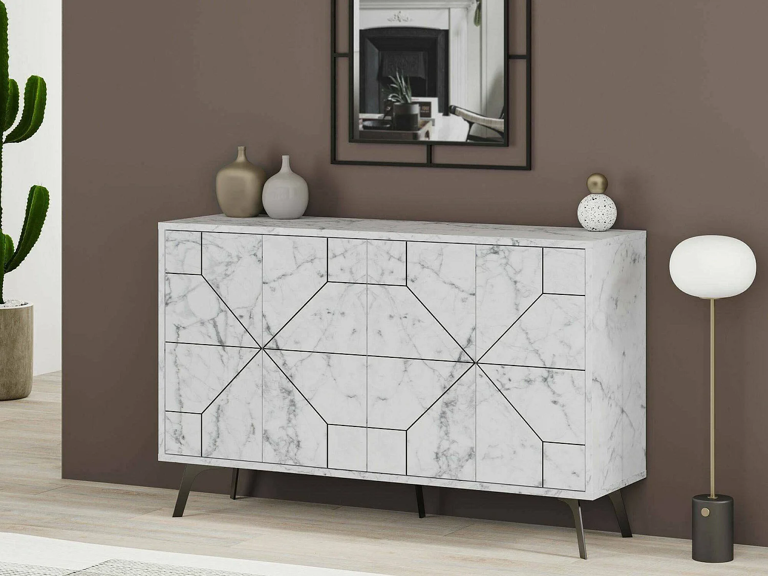 Buffet Meridian, Buffet du salon, Commode de salon, Garde-manger de cuisine, 123x35h62 cm, Marbre Blanc