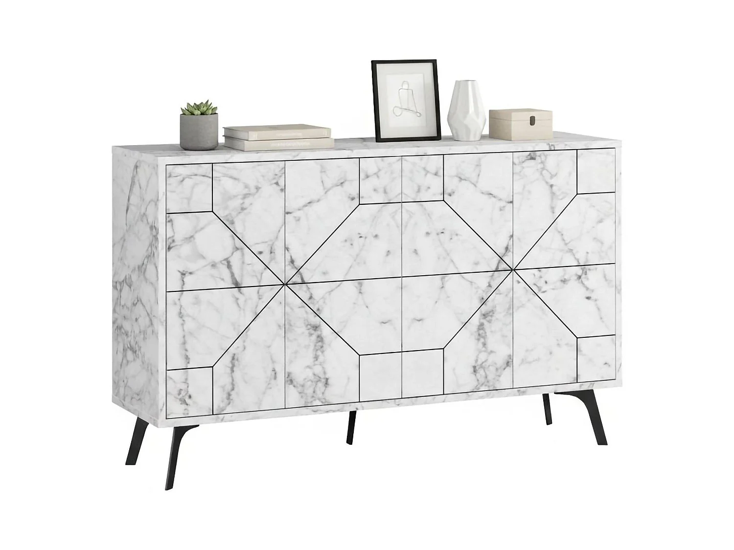 Buffet Meridian, Buffet du salon, Commode de salon, Garde-manger de cuisine, 123x35h62 cm, Marbre Blanc