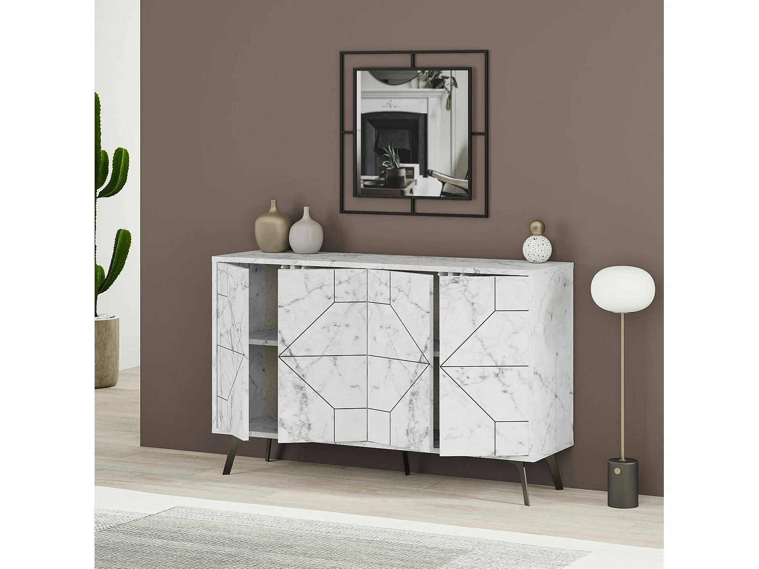 Buffet Meridian, Buffet du salon, Commode de salon, Garde-manger de cuisine, 123x35h62 cm, Marbre Blanc