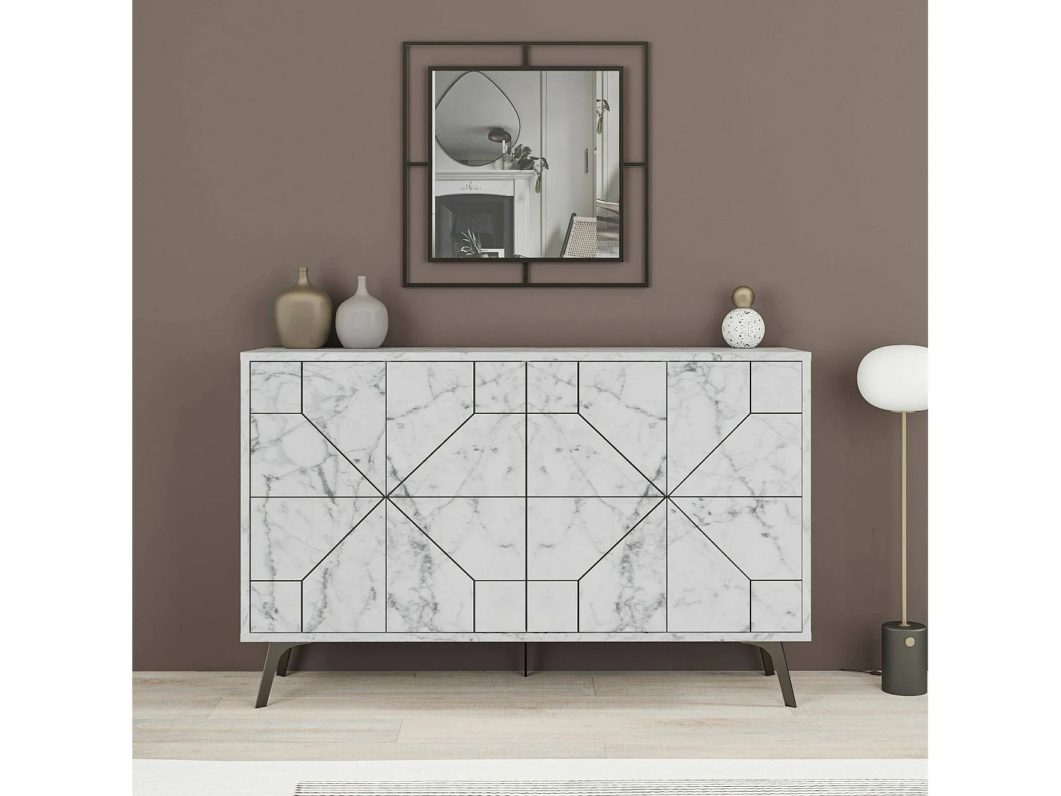 Buffet Meridian, Buffet du salon, Commode de salon, Garde-manger de cuisine, 123x35h62 cm, Marbre Blanc