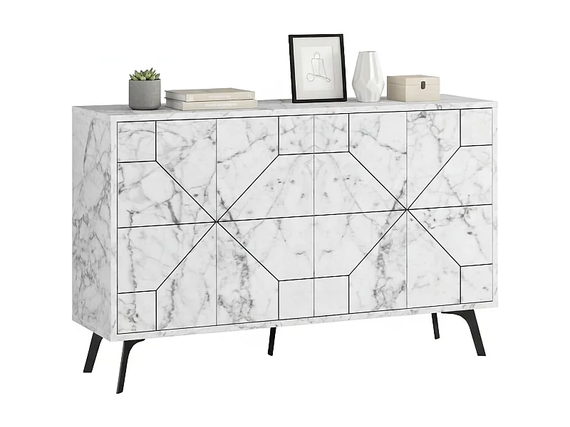 Buffet Meridian, Buffet du salon, Commode de salon, Garde-manger de cuisine, 123x35h62 cm, Marbre Blanc