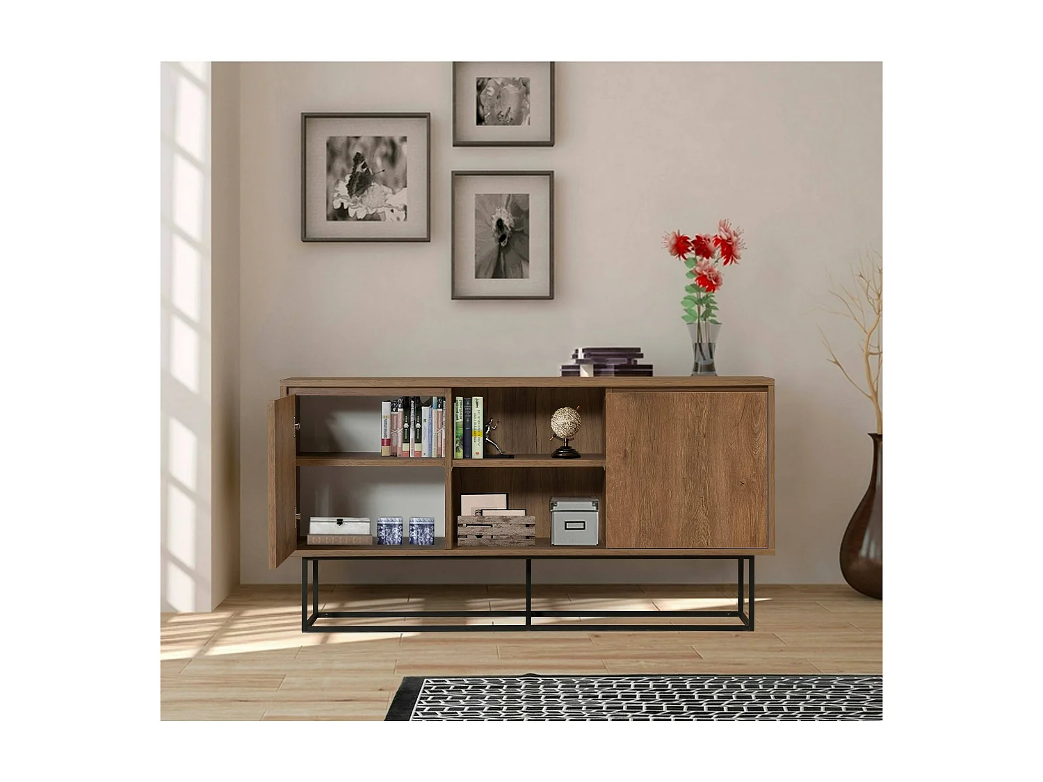 Aparador Deulofe, Bufé de salón, Aparador de salón, Despensa de cocina, 140x36h72 cm, Nogal y Negro