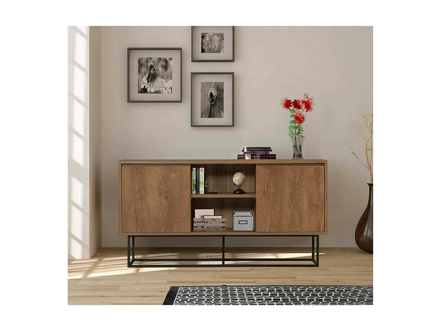 Credenza Deulofe, Buffet vanWoonkamer, Woonkamer, Keukenkast, 140x36h72 cm, Walnoot en Zwart
