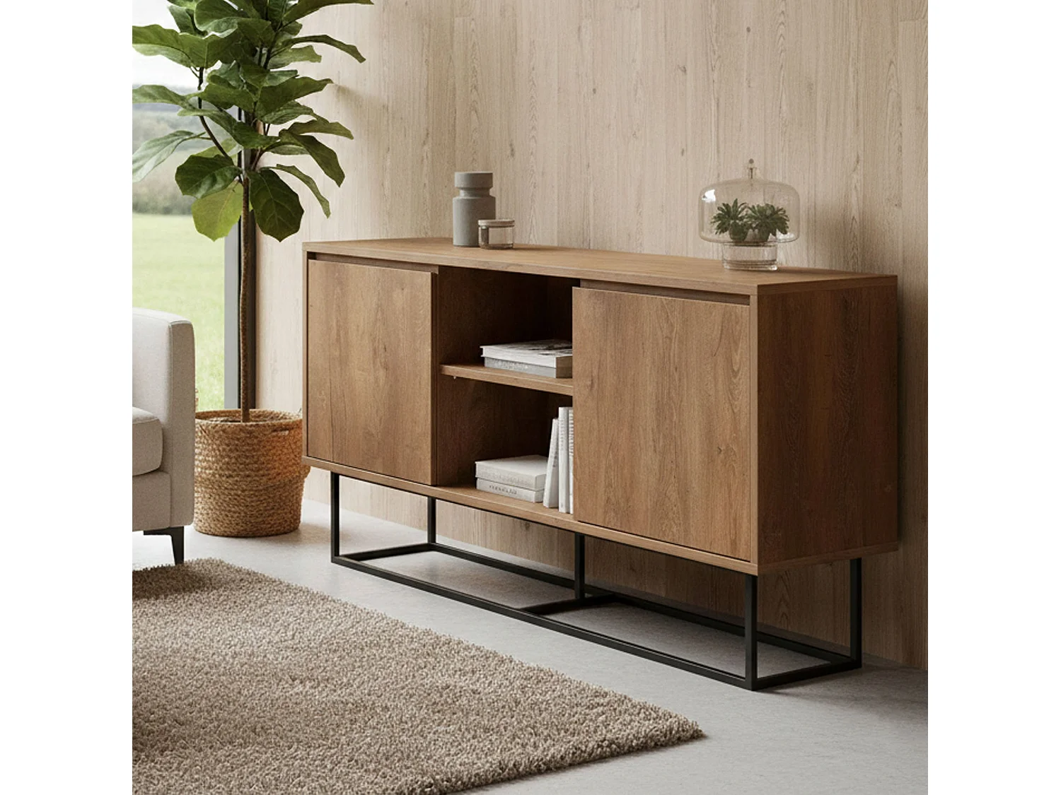 Buffet Alrakis, Buffet du salon, Commode de salon, Garde-manger de cuisine, 140x36h72 cm, Noyer et Noir