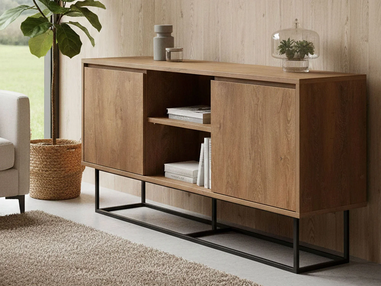 Buffet Alrakis, Buffet du salon, Commode de salon, Garde-manger de cuisine, 140x36h72 cm, Noyer et Noir