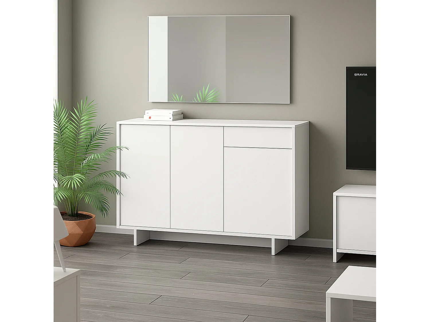 Dbakayok dressoir, Woonkamer, Woonkamerbuffet met 3 deuren en 1 lade, 100% Made in Italy, 134x35h87 cm, Wit