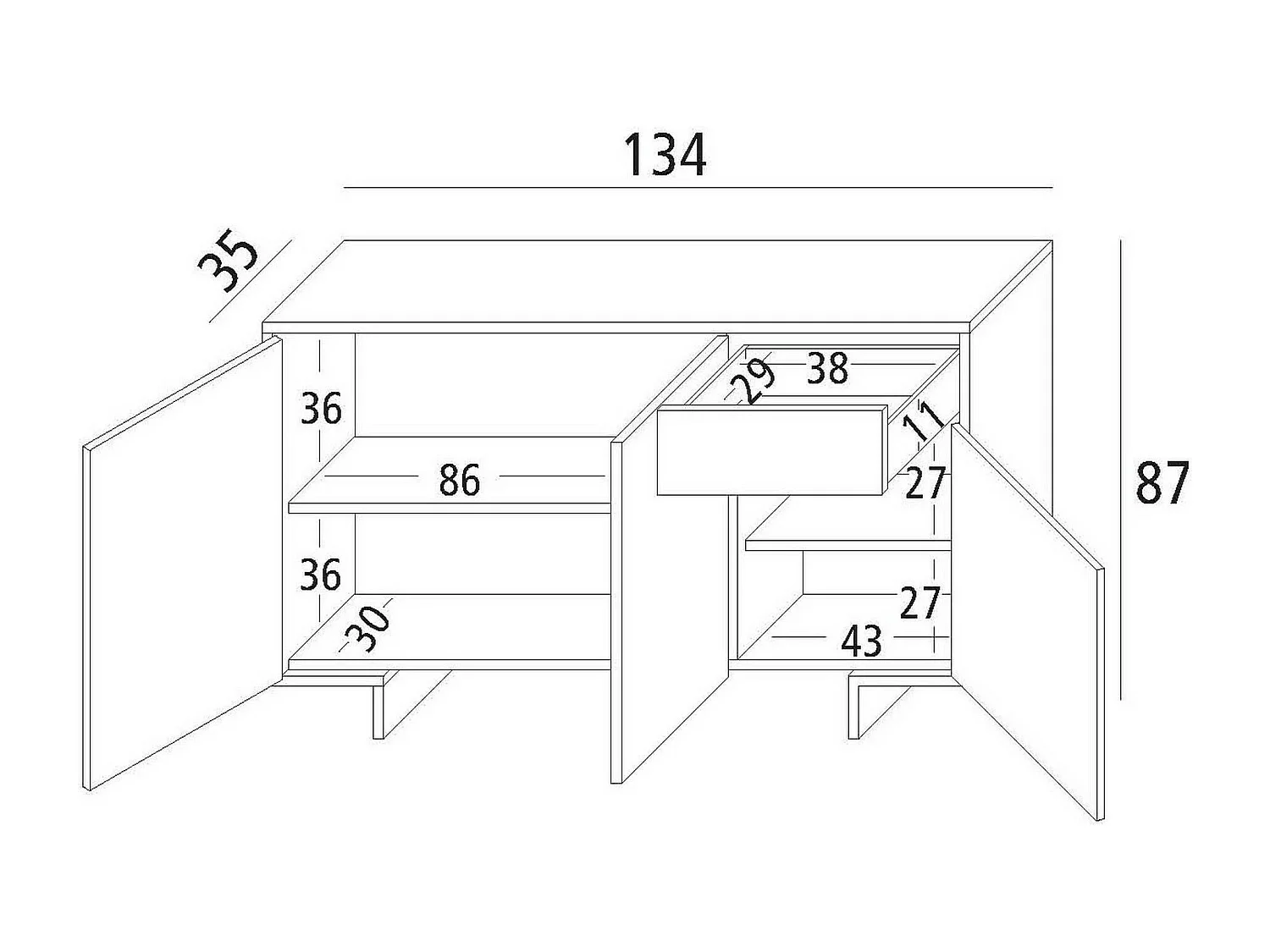 Dbakayok dressoir, Woonkamer, Woonkamerbuffet met 3 deuren en 1 lade, 100% Made in Italy, 134x35h87 cm, Wit