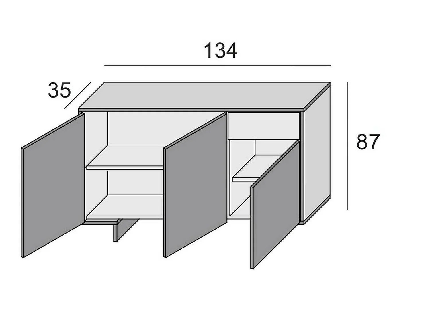 Buffet Aneto, Buffet de salon, Buffet de salon avec 3 portes et 1 tiroir, 100% Made in Italy, 134x35h87 cm, Blanc