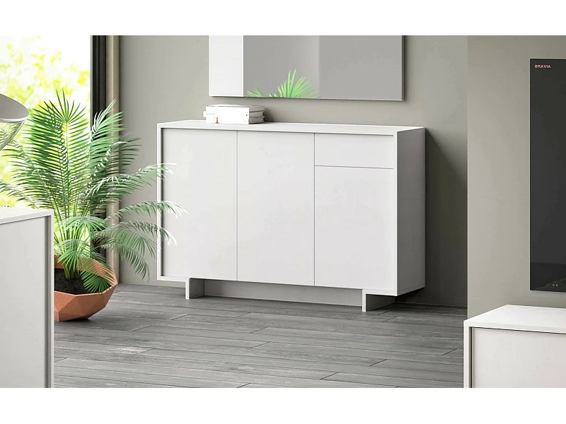 Aparador Dbakayok, Aparador de salón, Buffet de salón con 3 puertas y 1 cajón, 100% Made in Italy, 134x35h87 cm, Blanco