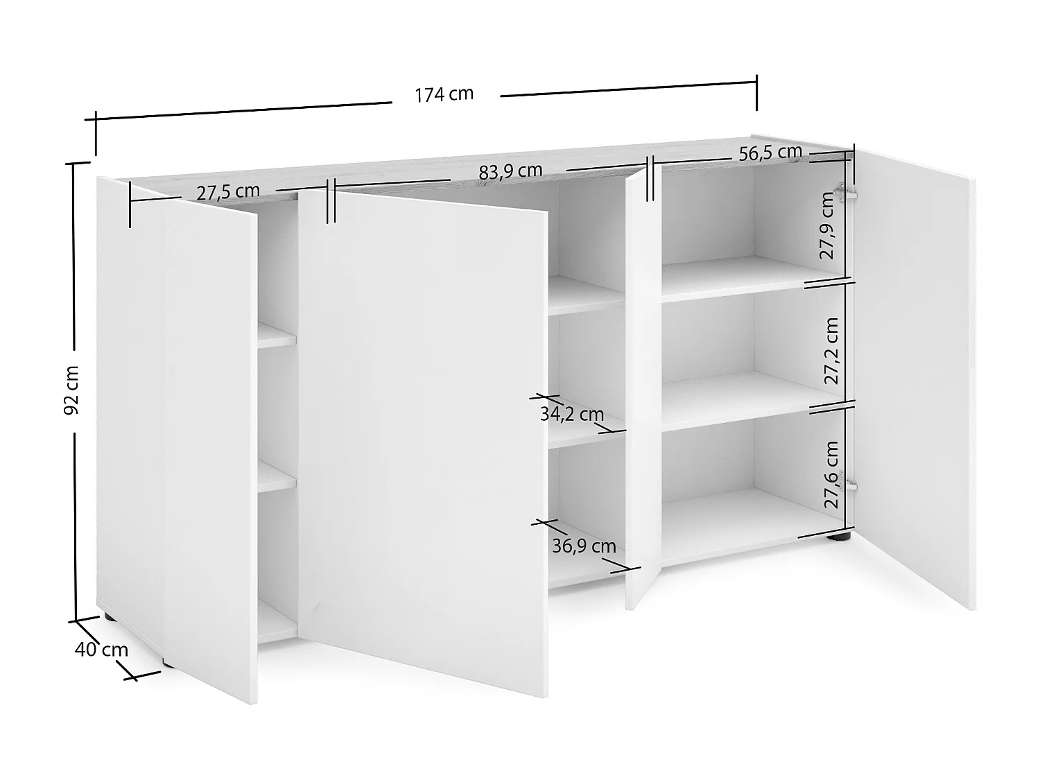 Kommode Dgasperin, Wohnzimmerbuffet, Wohnzimmer-Sideboard, Moderne Küchen-Speisekammer, Made in Italy, 174x40h92 cm, Glänzendes Weiß und Eiche