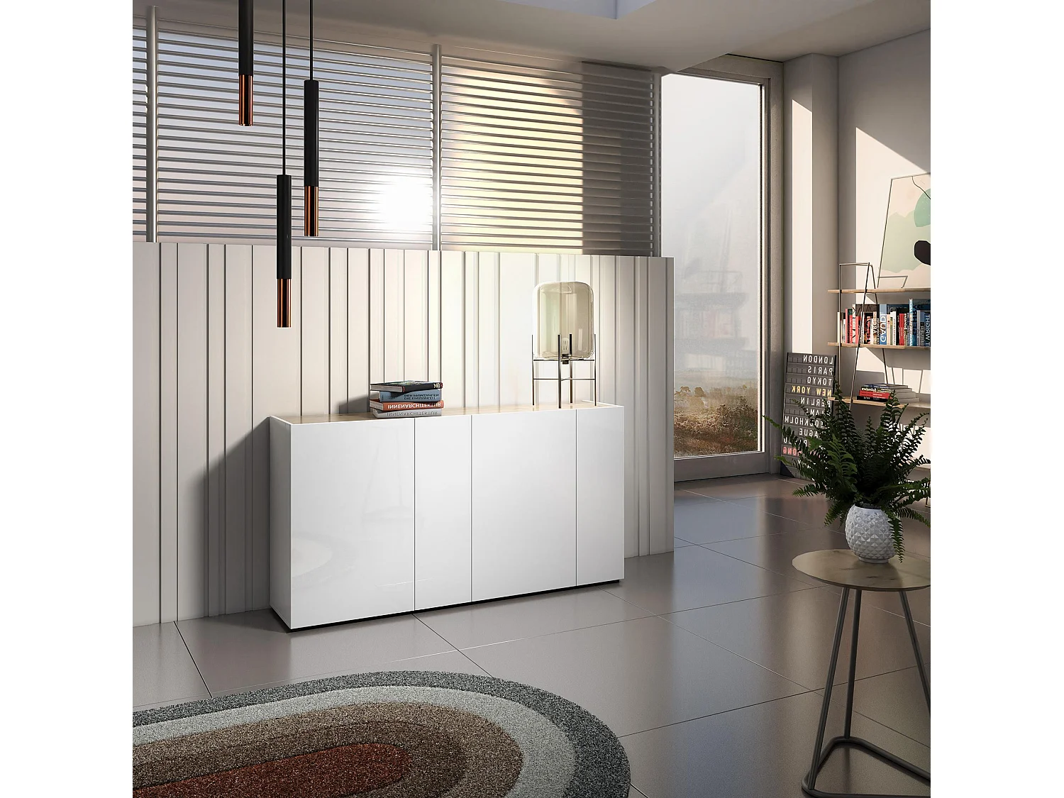 Aparador Dgasperin, Buffet da soDia, Madia da sala de estar, Despensa de cozinha, Made in Italy, 174x40h92 cm, Branco brilhante e carvalho