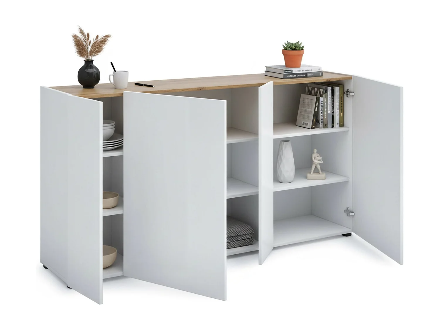 Aparador Dgasperin, Buffet da soDia, Madia da sala de estar, Despensa de cozinha, Made in Italy, 174x40h92 cm, Branco brilhante e carvalho