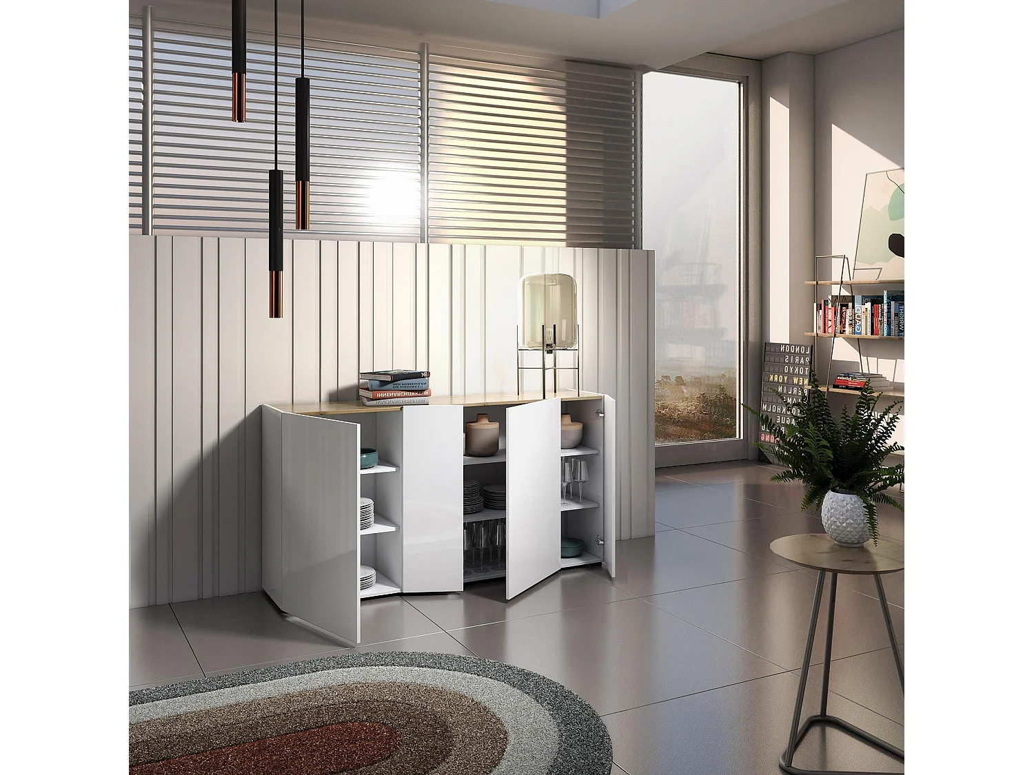 Aparador Dgasperin, Buffet da soDia, Madia da sala de estar, Despensa de cozinha, Made in Italy, 174x40h92 cm, Branco brilhante e carvalho