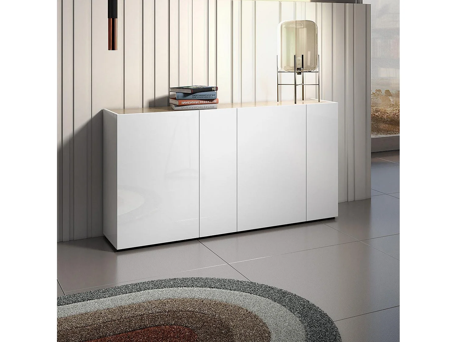 Buffet Thembisile, Buffet du salon, Commode de salon, Garde-manger de cuisine, Made in Italy, 174x40h92 cm, Blanc brillant et chêne