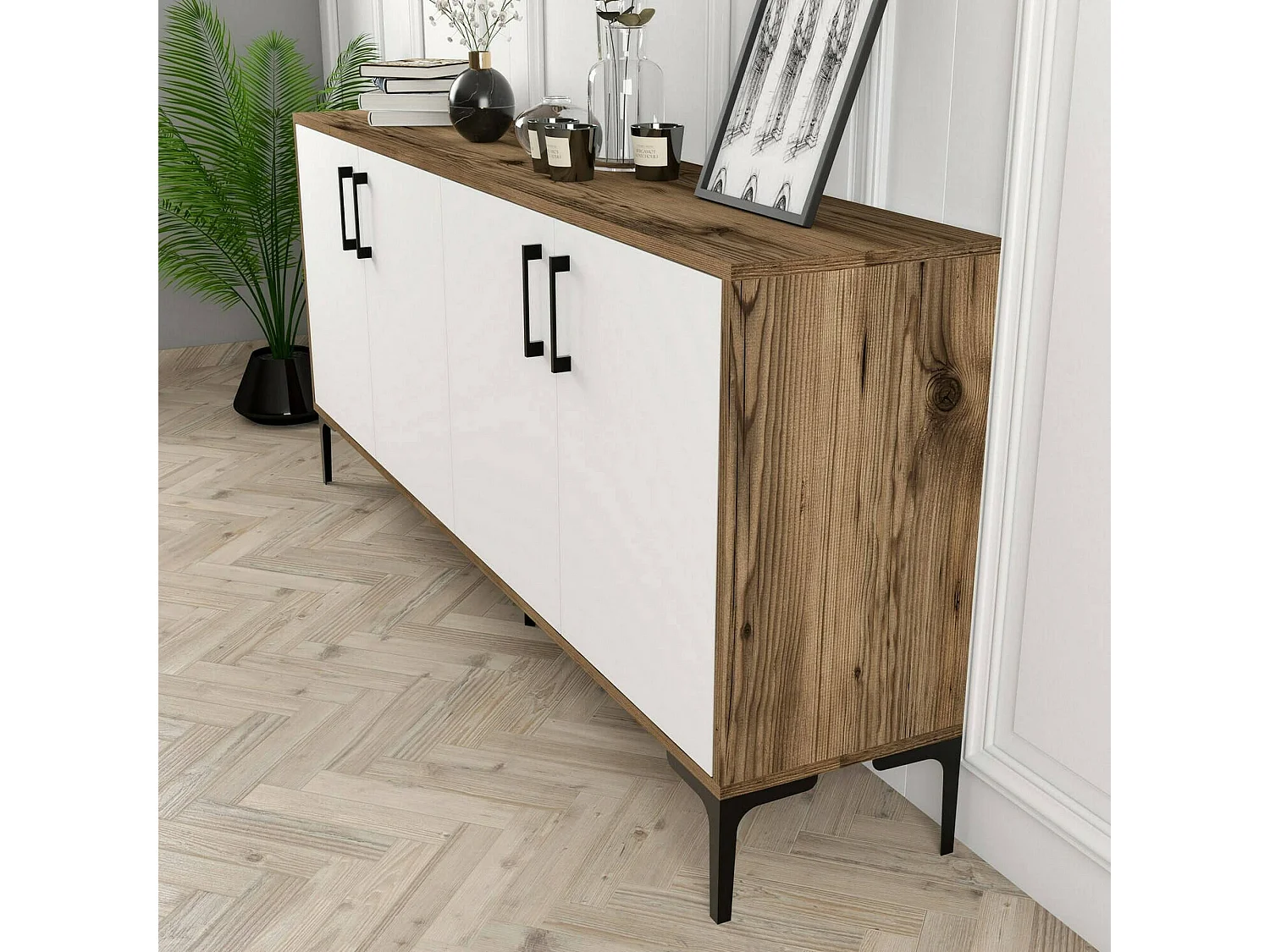 Buffet Orionis, Buffet du salon, Commode de salon, Garde-manger de cuisine, 180x35h78 cm, Noyer et Blanc