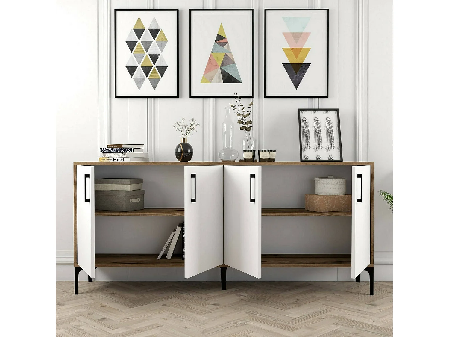 Buffet Orionis, Buffet du salon, Commode de salon, Garde-manger de cuisine, 180x35h78 cm, Noyer et Blanc