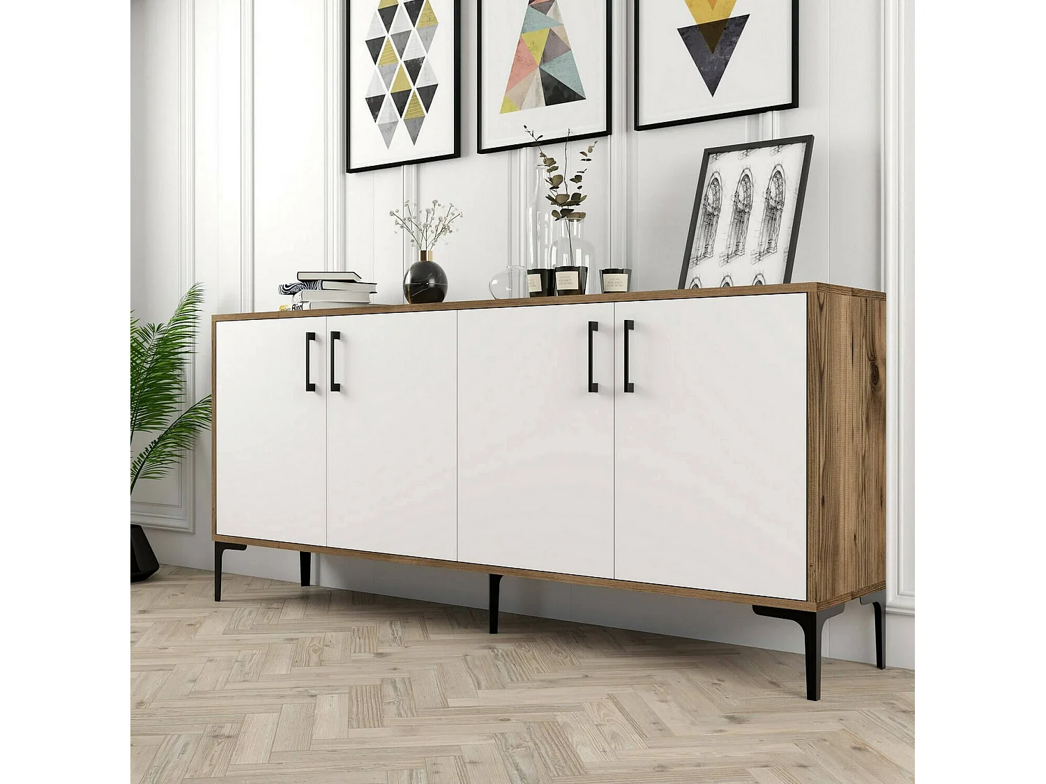 Buffet Orionis, Buffet du salon, Commode de salon, Garde-manger de cuisine, 180x35h78 cm, Noyer et Blanc