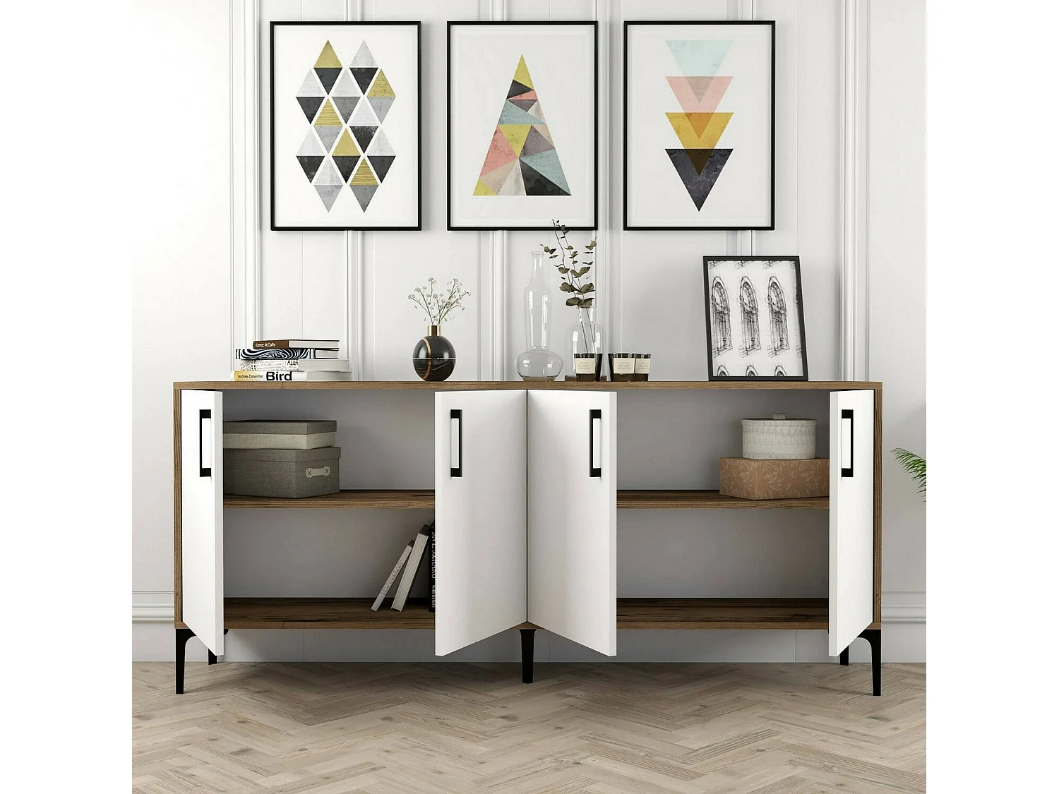 Aparador Dpedrol, BuffetSala de estar, forma de sala de estar, despensa de cozinha, 180x35h78 cm, nogueira e branco