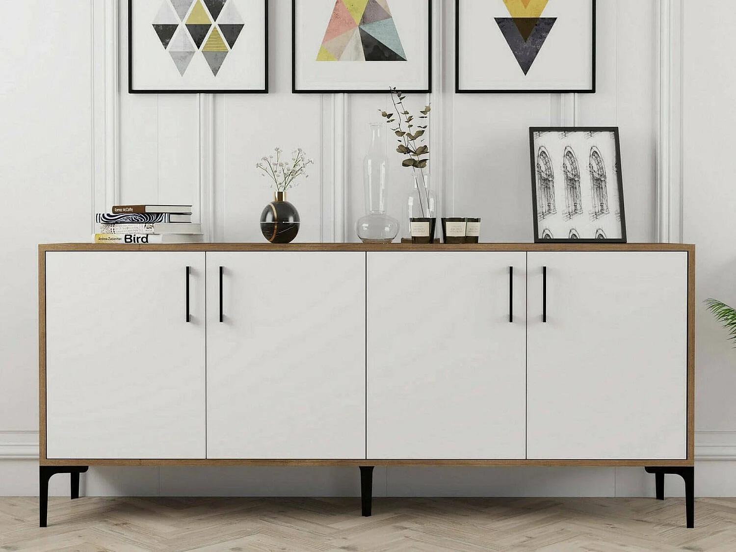 Aparador Dpedrol, BuffetSala de estar, forma de sala de estar, despensa de cozinha, 180x35h78 cm, nogueira e branco